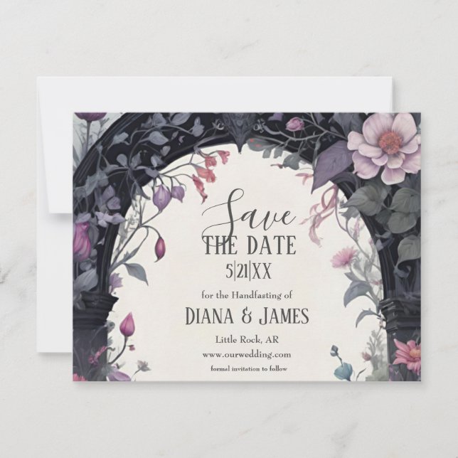 Gothic Pink Floral Garden Gate Pagan Handfasts Save The Date (Vorderseite)