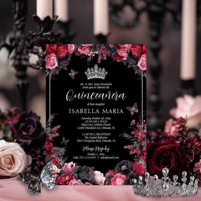 Gothic Pink Red & Black Moody Florals Quinceañera Einladung (Gothic quinceañera invitation with tiara and pink, red and black moody florals.)