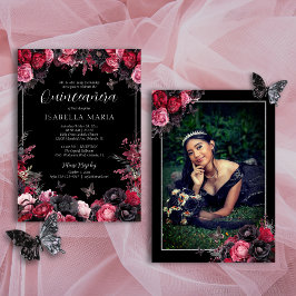 Gothic Pink Red & Black Moody Florals Quinceañera Einladung