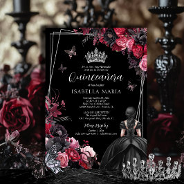 Gothic Pink Red & Black Moody Florals Quinceañera Einladung
