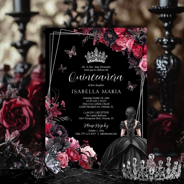 Gothic Pink Red & Black Moody Florals Quinceañera Einladung (Gothic quinceañera invitation with tiara, princess dress and pink, black and red florals.)