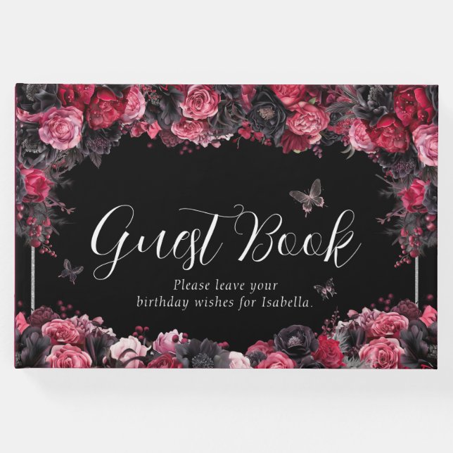 Gothic Pink Red & Black Moody Quinceañera Gästebuch (Vorderseite)