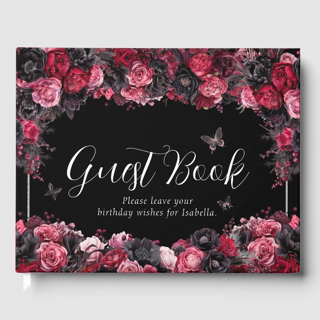Gothic Pink Red & Black Moody Quinceañera Gästebuch (Vorderseite)