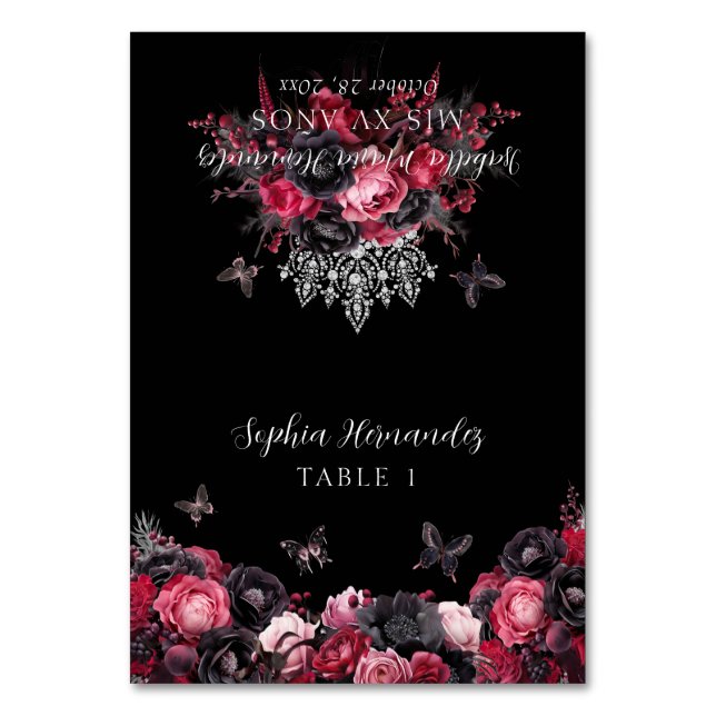 Gothic Pink Red Black Moody Quinceañera Platzkarte Tischnummer (Vorderseite)