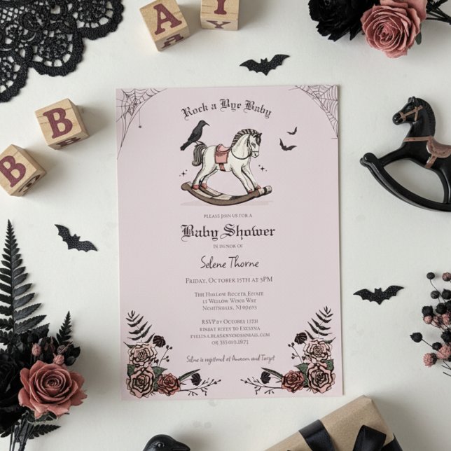Gothic Pink Rocking Horse Rock a Bye Baby Dusche Einladung (Gothic Baby Shower Invitations. Elegant Pink Floral Spooky Rocking Horse Illustration for Halloween )