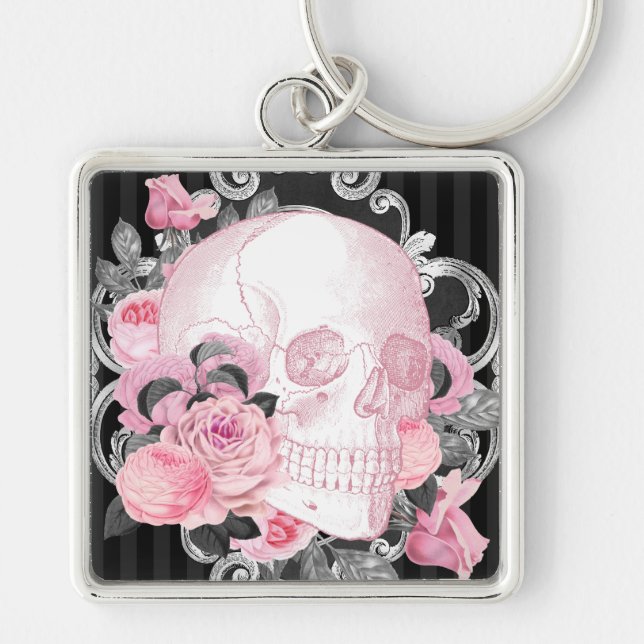 Gothic Pink Skull mit Rose Schlüsselanhänger (Vorne)