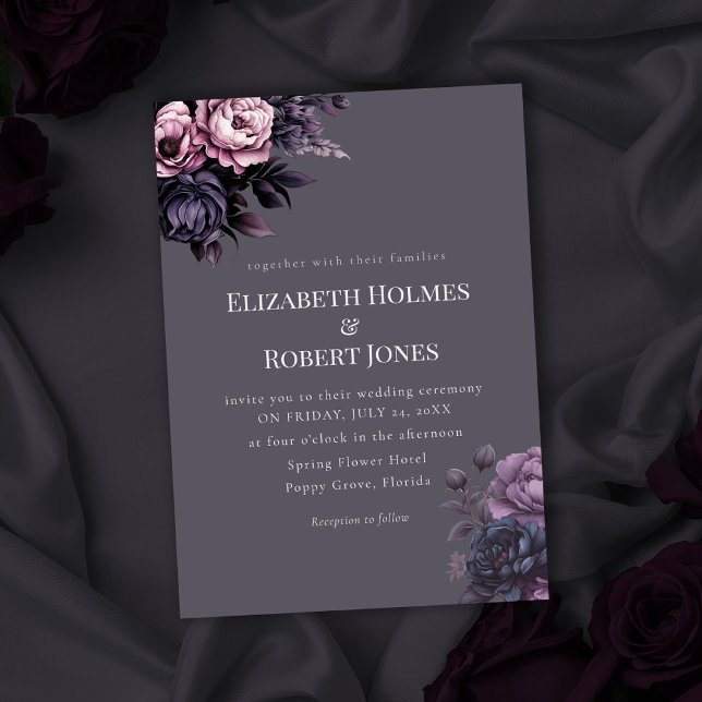 Gothic Plum Floral Wedding Invitation Einladung (Gothic Plum Floral Wedding Invitation on a gothic wedding table with dark roses)
