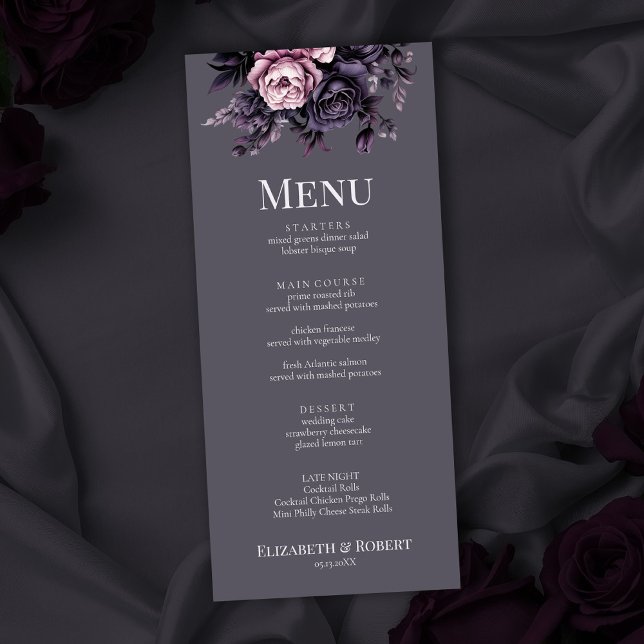 Gothic Plum Floral Wedding Menu Menükarte (Gothic Plum Floral Wedding Menu on a gothic wedding table with dark roses.)