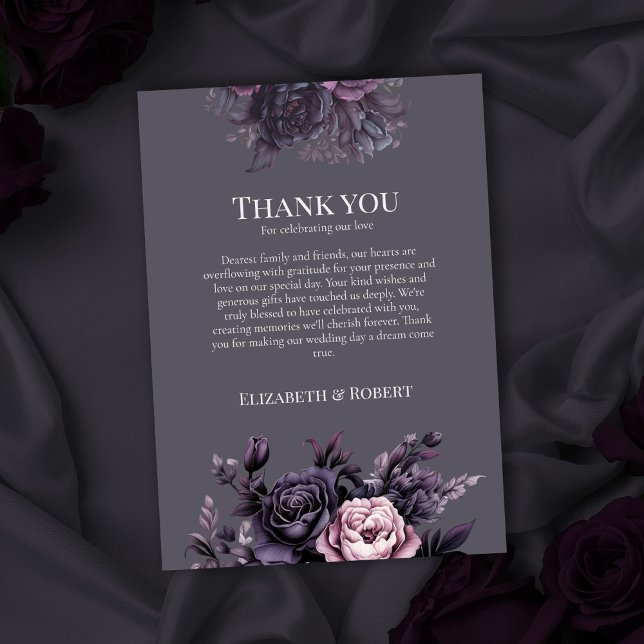 Gothic Plum Floral Wedding Thank You Card Dankeskarte (Gothic Plum Floral Wedding Thank You Card on gothic wedding table with dark roses)