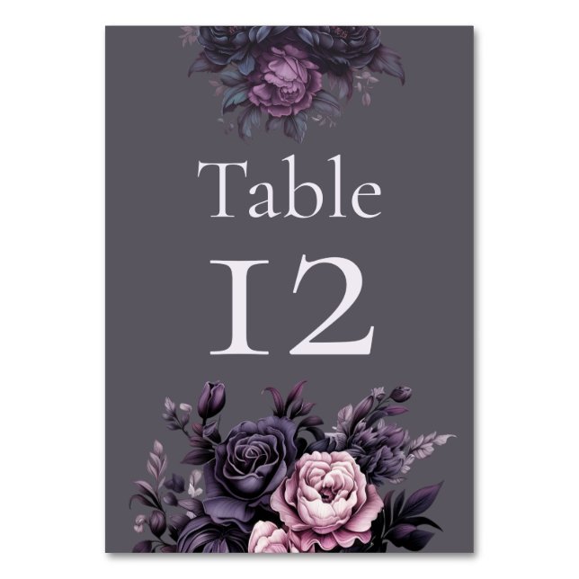 Gothic Plum Florales Hochzeitstischschild Tischnummer (Vorderseite)