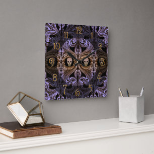 Gothic Purple Ornamente und Totenkopf Quadratische Wanduhr