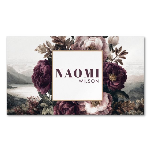 Gothic Purple Peony Lake Landscape Gold Frame Magnetische Visitenkarte (Vorderseite)