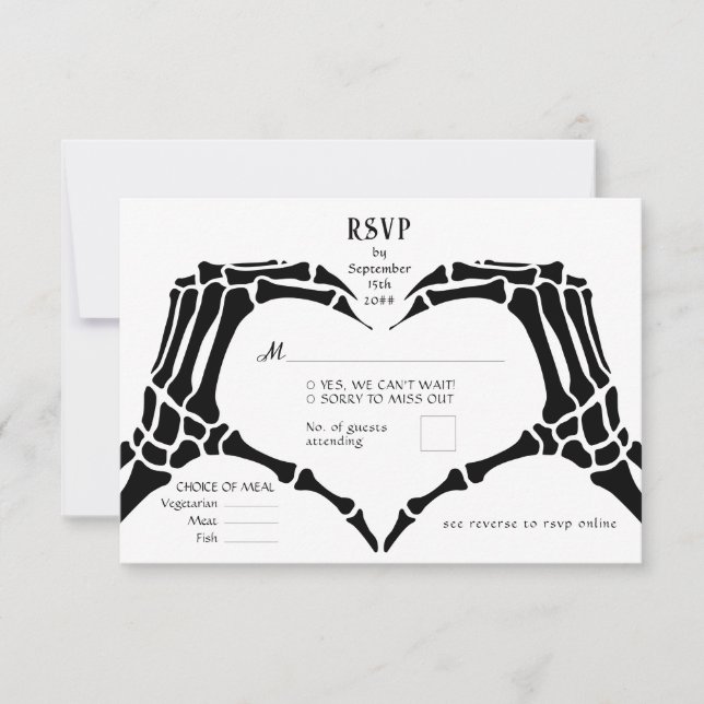 Gothic QR Code Skeleton Hands bis zum Tod Hochzeit RSVP Karte (Vorderseite)