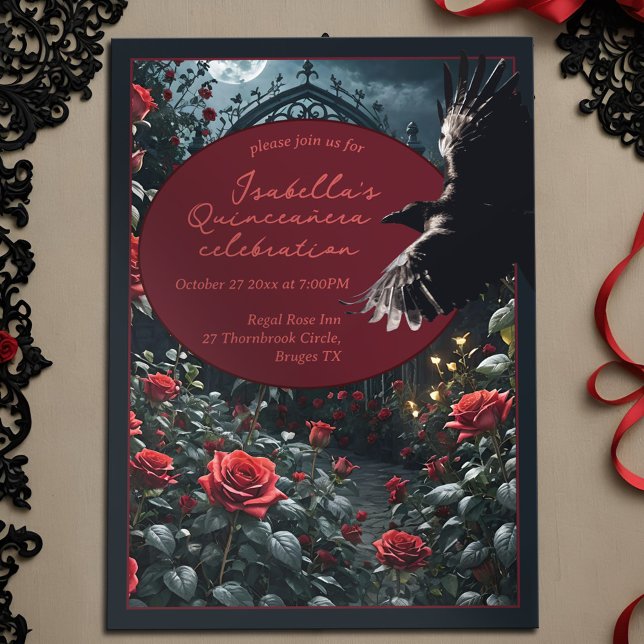 Gothic Quinceanera Dark Rote Rose Garden & Raven Einladung (Gothic quinceanera dark romance birthday invitation with  full moon, red rose garden and black raven)