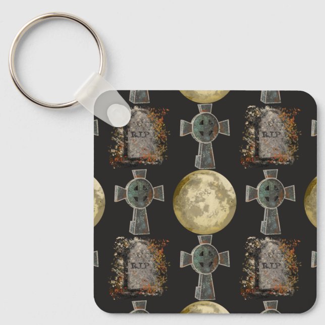 Gothic R.I.P. Headstone Celtic Cross Vollmond Art Schlüsselanhänger (Vorderseite)