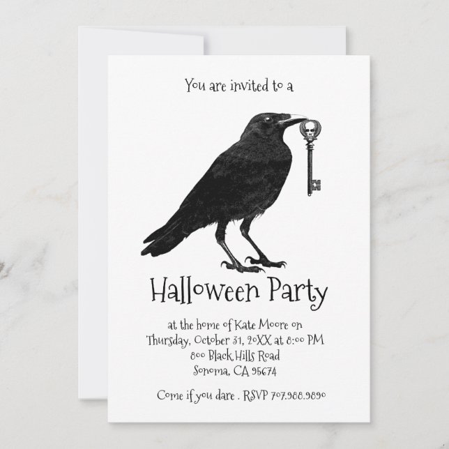 Gothic Raven and Skeleton Key Halloween-Party Einladung (Vorderseite)