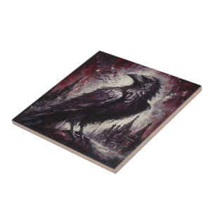Gothic Raven Crow Bird Malerei Schwarze Rote Kunst Fliese