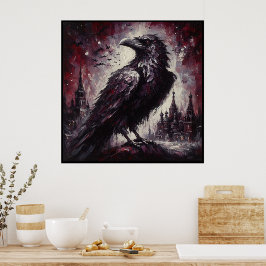 Gothic Raven Crow Bird Malerei Schwarze Rote Kunst Poster
