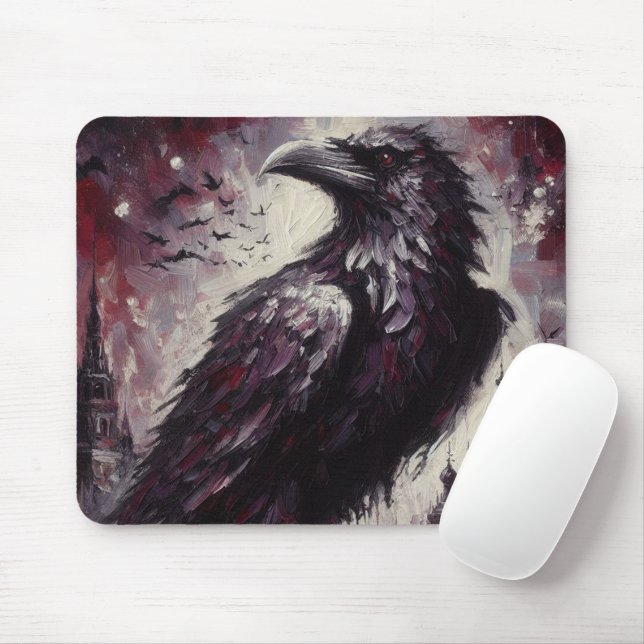 Gothic Raven Crow Bird Painting Black Gray Mousepad (Mit Mouse)