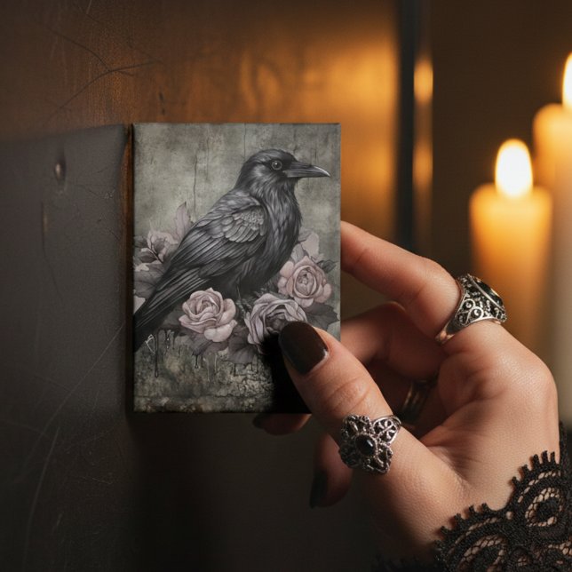Gothic Raven Dark Academia Floral Magnet (Dark black raven with roses refrigerator magnet)