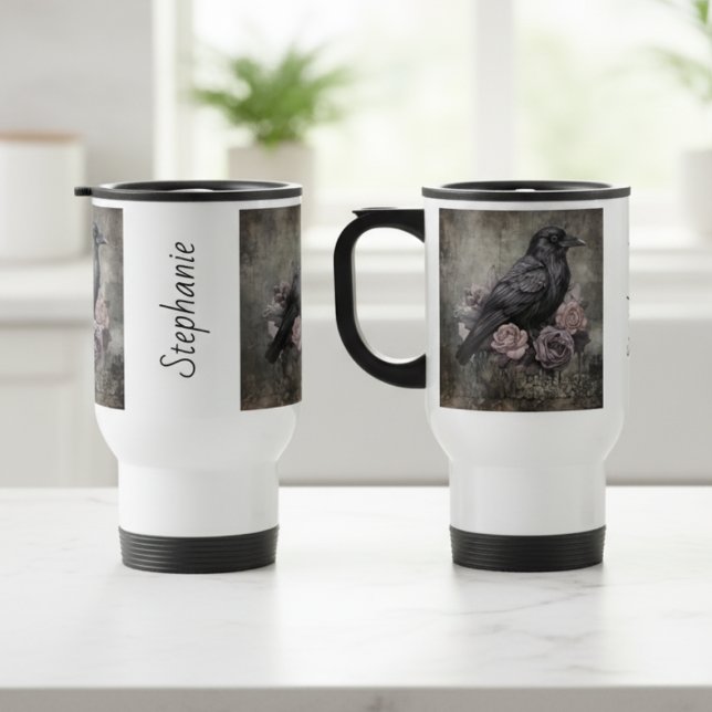 Gothic Raven Dark Academia Floral Reisebecher (Personalized vintage raven with roses travel mug)