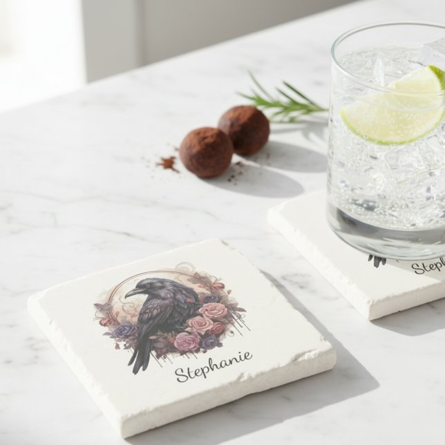 Gothic Raven Dark Academia Floral Steinuntersetzer (Gothic raven dark academia floral stone coaster)