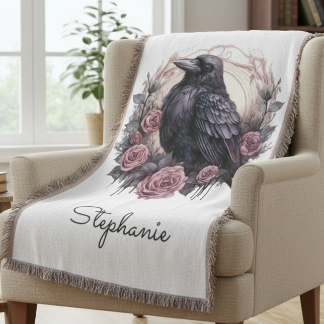 Gothic Raven Dark Academia Rosa Floral Decke (Gothic Black Raven throw blanket)