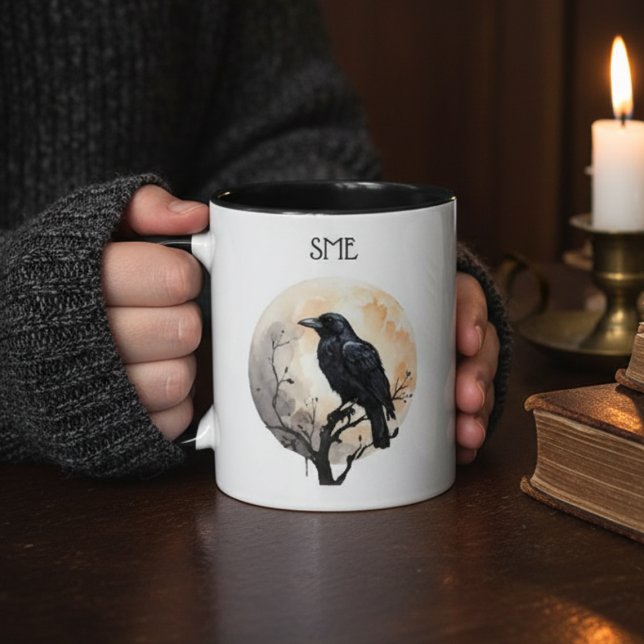 Gothic Raven Dark Academia Vollmond Tasse (Monogram raven coffee mug)