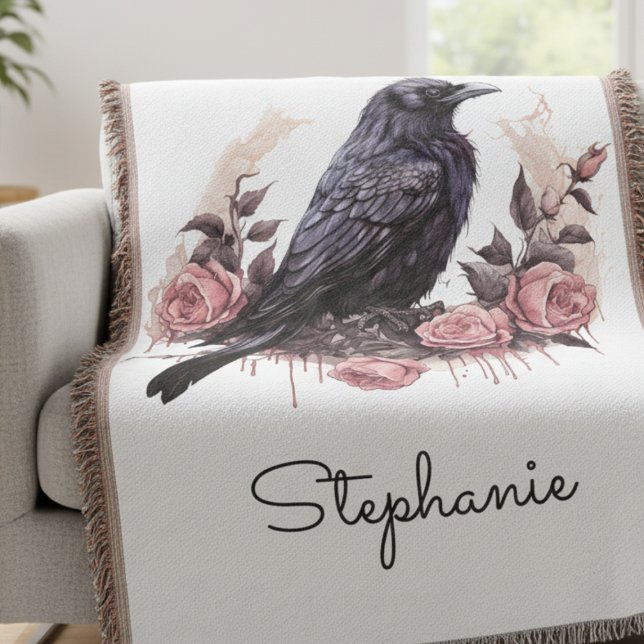 Gothic Raven Floral Dark Academia Decke (Gothic Raven and Roses blanket)