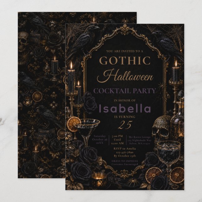 Gothic Raven Halloween-Party Einladung (Vorne/Hinten)