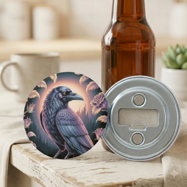 Gothic Raven Home Bar Dekor Flaschenöffner (A gothic raven bottle opener styled on a cozy kitchen counter for a friend’s housewarming gift.)