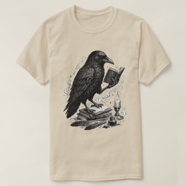 Gothic Raven liest alte Bücher Kunst T-Shirt (Design vorne)