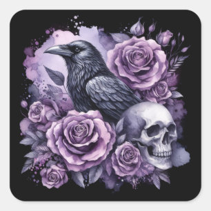 Gothic Raven Lila Rose Skull Quadratischer Aufkleber