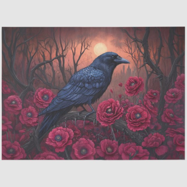 Gothic Raven mit Dark Red Poppies Decoupage Seidenpapier (Vorderseite)