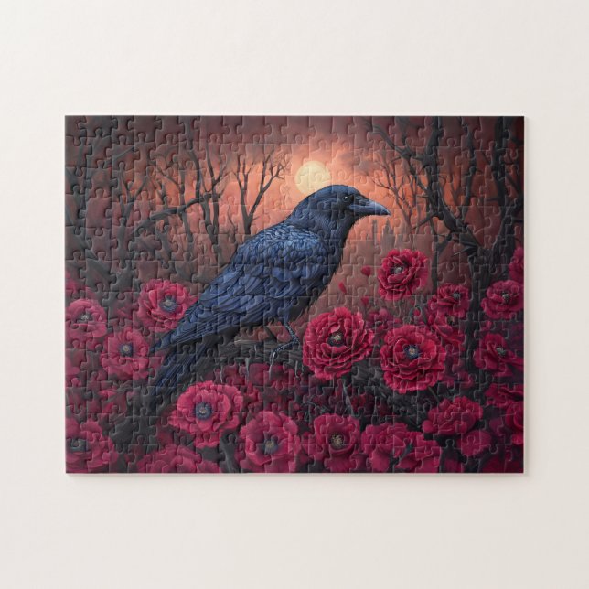 Gothic Raven mit Dark Red Poppies Puzzle (Horizontal)