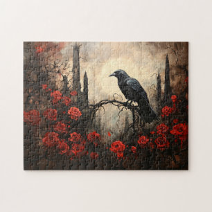 Gothic Raven mit dunklen Rote Rosen Puzzle
