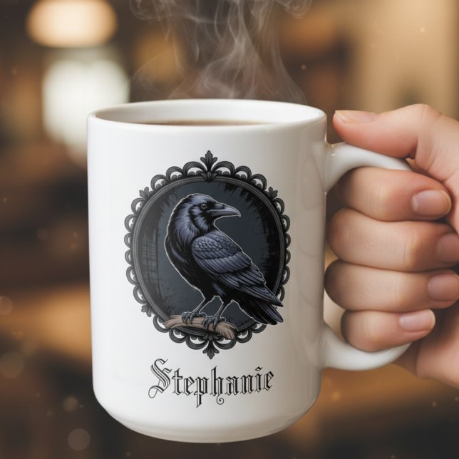 Gothic Raven mit Namen Kaffeetasse (Dual sided gothic raven personalized coffee mug)