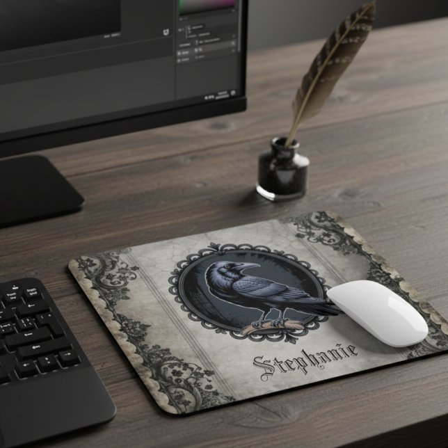 Gothic Raven mit Namen Mousepad (Gothic raven personalized mouse pad)