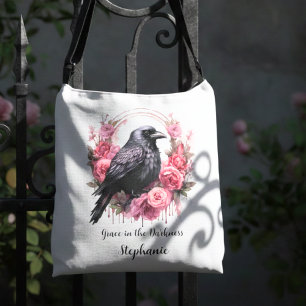 Gothic Raven Pink Floral Dark Academia Tragetaschen Mit Langen Trägern