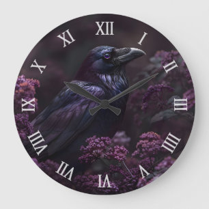 Gothic Raven Purple Blumen Große Wanduhr