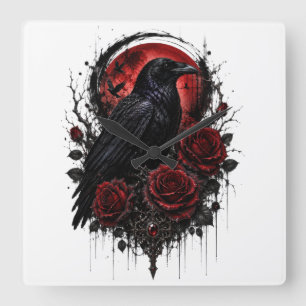 Gothic Raven Red Moon & Rosen Wanduhr