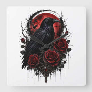 Gothic Raven Red Moon & Rosen Wanduhr