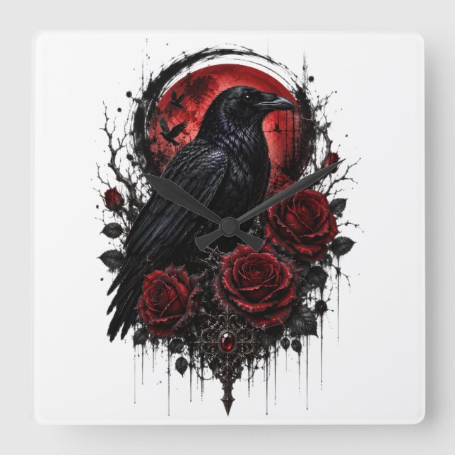 Gothic Raven Red Moon & Rosen Wanduhr (Vorderseite)