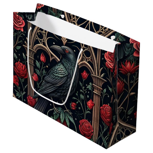 Gothic Raven Rosen Ornamentales Muster Große Geschenktüte (Vorderseite Schrägansicht)