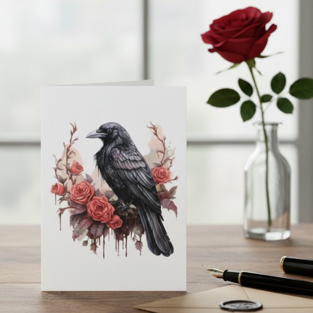 Gothic Raven Rote Rose Dark Academia (Black raven with roses blank note card)