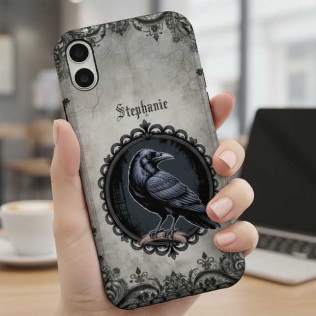 Gothic Raven Spiral iPhone 16 Hülle (Personalized gothic raven phone case)