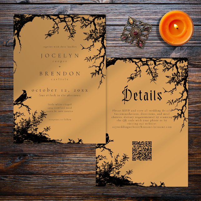 Gothic Raven Tree Engraving Black Orange Wedding Einladung (Von Creator hochgeladen)