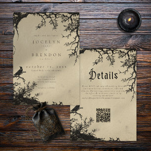 Gothic Raven Tree Engraving Schwarz Beige Hochzeit Einladung