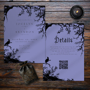 Gothic Raven Tree Engraving Schwarz Blau Hochzeit Einladung