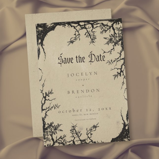 Gothic Raven Tree Gravur Schwarze Tan Hochzeit Save The Date (Gothic Raven Tree Engraving Black Tan Wedding Save The Date)